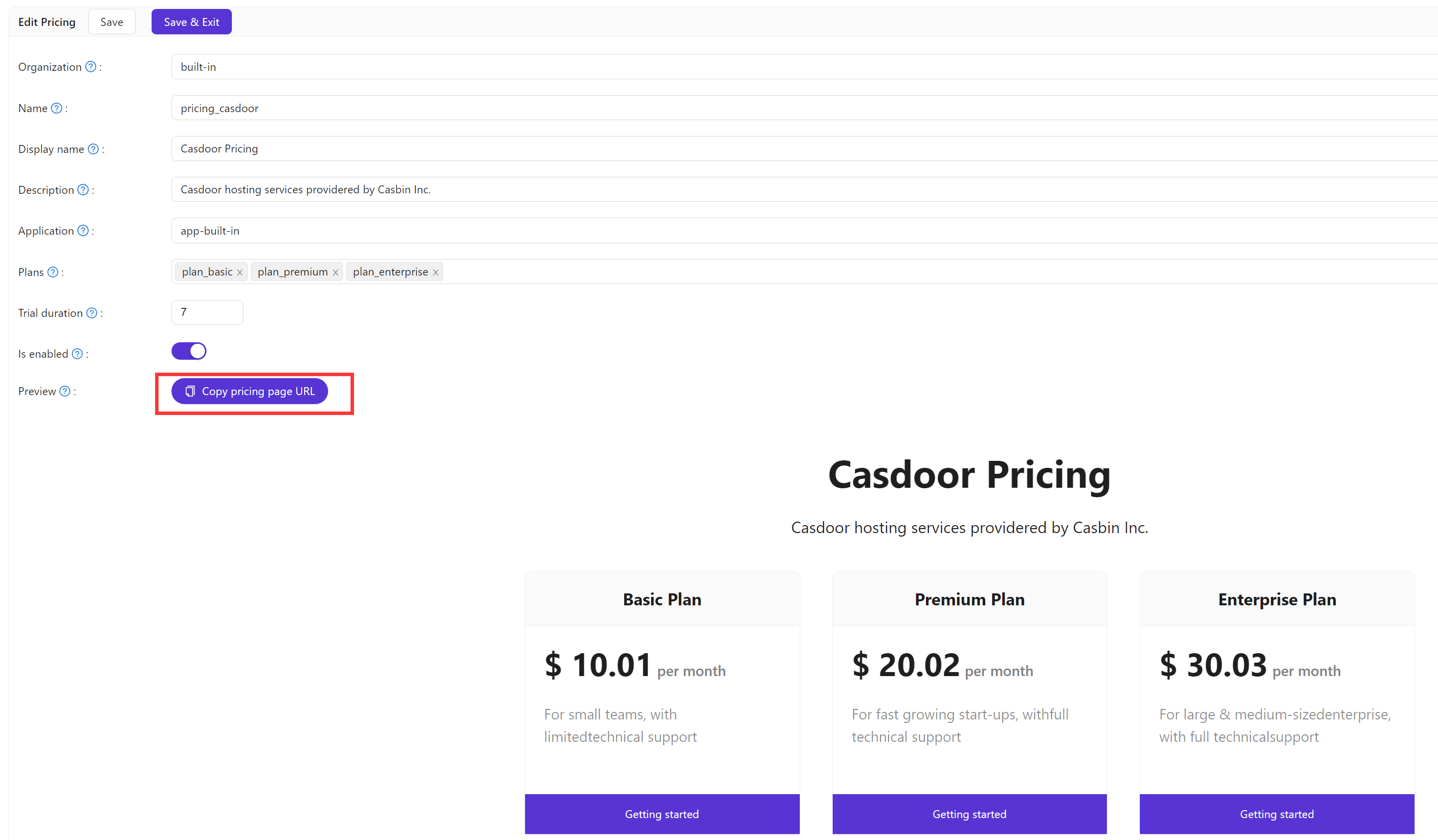 pricing page url