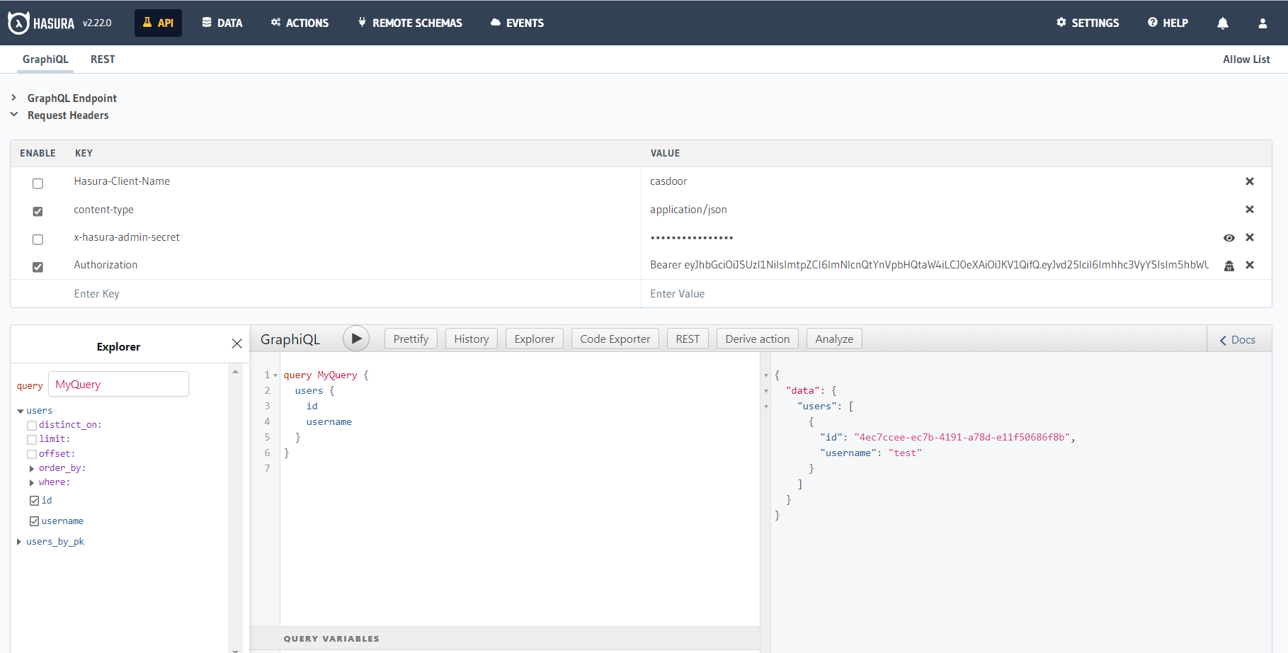 ภาพที่แสดงการใช้ access token จาก Casdoor ใน Hasura